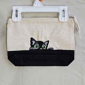 Canvas Makeup Pouch with Peekaboo Cat - Natural and Black